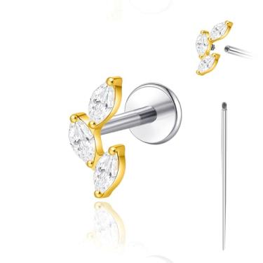 Imagem de limerencia Piercing corporal de titânio 18G, brinco de rosca interna com costas planas tragus helix cartilagem concha medusa brinco para mulheres e homens, 1 peça (dourado, oblíquo três folhas)