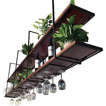 Imagem de Rack de vinho montado na parede - prateleira suspensa/prateleira de flores | ferro + madeira maciça | estilo country retrô | cozinha, restaurante, bar, adega, sala de armazenamento, rack de