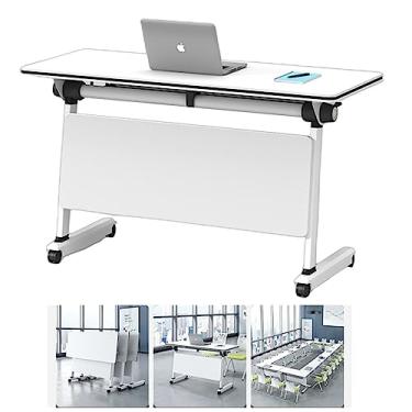 Imagem de Mesa de treinamento móvel flip de 5 peças, mesa de conferência retangular, mesa de computador dobrável de escritório com roda travada, prateleira de metal, modéstia, montada livremente (cor: branco