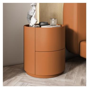 Imagem de Mesa de cabeceira redonda com envoltório de couro de microfibra, mesa de cabeceira luxuosa com 2 gavetas de madeira maciça, mesa lateral moderna móveis de cabeceira (cor: cinza claro) (laranja)