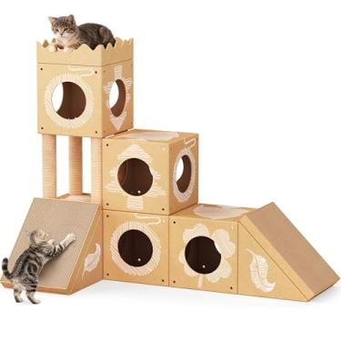 Imagem de PalNests Casa de papelão para gatos, torre de árvore de vários níveis 3 em 1 com tábua de arranhar, postes de arranhar e casa de brinquedo para gatinhos e gatos médios, adequado para você mesmo 124 cm