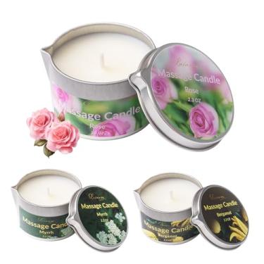 Imagem de Vela perfumada de óleo de massagem, pacote com 3 com óleos essenciais, óleo corporal de massagem quente, vela aromática relaxante de soja para aromaterapia de baixa temperatura, 200 ml (rosa, mirra