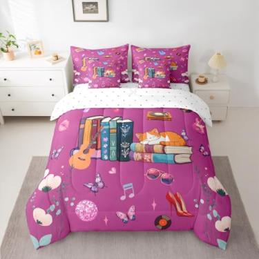 Imagem de Conjunto de edredom de gato, 7 peças, solteiro, para meninas, música, livros e livros, cama em uma bolsa, roxo, decoração de quarto, edredom com edredom, lençóis, fronhas e capa de almofada