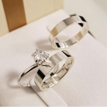 Imagem de Par Alianças Namoro Compromisso Prata Aço Fina 3mm Quadrada Aço Com An