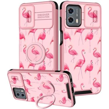 Imagem de Goocrux Capa para celular 2 em 1 para Moto G 5G 2023 para mulheres meninas flamingo fofo feminino bonito design de desenho animado com capa de câmera deslizante + suporte de anel fashion capas para