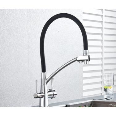 Imagem de Filtro de água torneira da cozinha 2 em 1 preto puxar para baixo torneiras pia água pura para cozinha deck giratória misturadora fria, cromo a