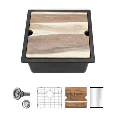 Imagem de Sarlai 18 Pia de cozinha preta composta de granito - 45,7 x 45,7 cm pia de estação de trabalho de preparação de barra de quartzo composto de quartzo preto tigela única retangular para trailers