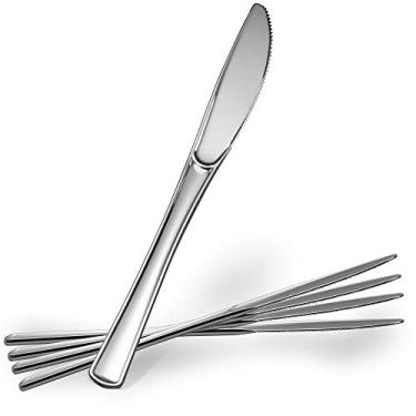 Imagem de Plasticpro Facas de plástico prata resistentes descartáveis, talheres de plástico extravagantes parecem talheres de prata real - Utensílios ótimos para eventos de catering, restaurantes, festas e