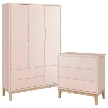 Imagem de Jogo de Quarto Classic Guarda Roupa 3 Portas e Cômoda 3 Gavetas com Pés Madeira Natural - Reller Móveis Rosa Fosco
