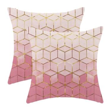 Imagem de Capas de almofada geométricas gradientes ouro rosa 45,7 x 45,7 cm conjunto de 2 almofadas cúbicas douradas decorativas fronhas de linho para cama sofá sofá