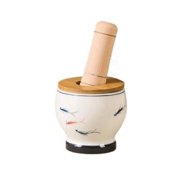Imagem de Tigela Moedora Moedor de cerâmica doméstico, argamassa de alho, moedor manual de ervas com tampa de madeira e pilão, espremedor de especiarias Moedor Triturador