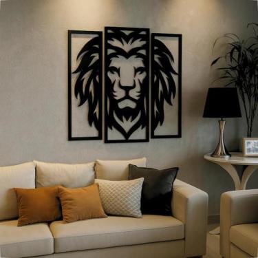 Imagem de Trio Quadros Decorativos Leão MDF Vazado Preto Fosco 65x90cm Parede - 