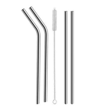 Imagem de Kit Canudo Reutilizável Inox 21cm 5 Peças com Limpador higiênico (2 Retos e 2 Curvos) V&D Digital