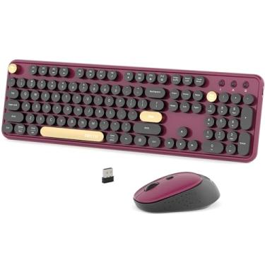 Imagem de Combos coloridos de teclado de computador sem fio, teclas redondas UBOTIE policromáticas, retrô, 2,4 GHz, conexão de radiofrequência com mouse óptico (clarete preto)