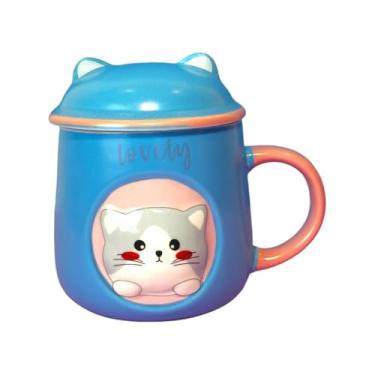 Imagem de Caneca Porcelana 3D com Tampa e Colher Gatinho Azul