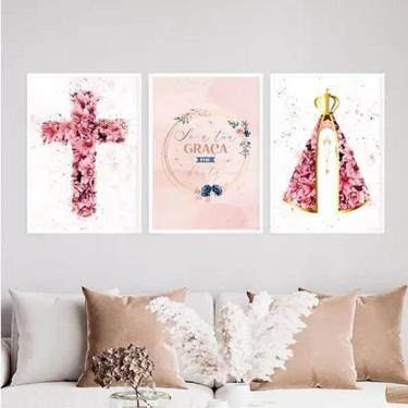 Imagem de Kit 3 Quadros Nossa Senhora Aquarela 24X18Cm Vidro Branca