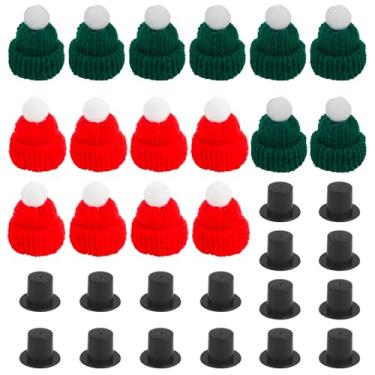 Imagem de ASUNFO 32 peças de chapéus de boneco de neve mini 16 chapéus de malha de Natal pequeno 16 Papai Noel preto cartola superior de plástico kit de inverno para artesanato ornamentos decoração de Natal