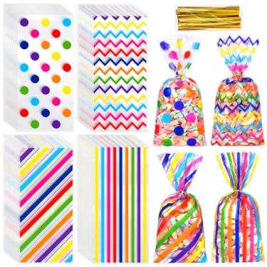 Imagem de 100 sacos de celofane arco-íris 27 x 12 cm sacos de plástico para doces com laços torcidos, 4 estampas divertidas para doces de aniversário e dia dos namorados