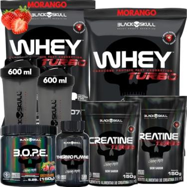 Imagem de Kit 2x Whey Protein Turbo 907g + 2x Creatina Monohidratada 150g + Pré-Treino BOPE 150g + Thermo Flame Termogênico 120 Tabletes+ 2x Coqueteleira - Black Skull (Whey Morango + Bope Frutas Vermelhas)