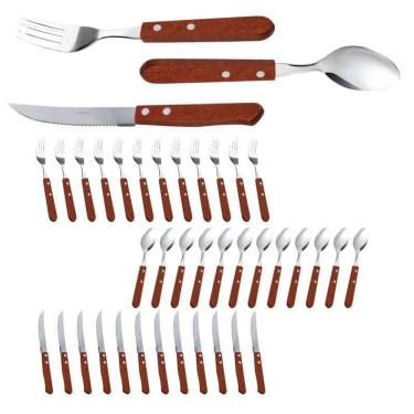Imagem de Faqueiro Com 12 Colher + 12 Facas + 12 Garfos Cabo Madeira