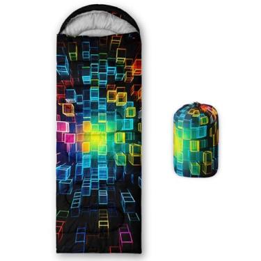 Imagem de QOOMO Sacos de dormir geométricos impressos em cubo 3D para acampamento, clima quente e frio, leve, sacos de dormir à prova d'água para adultos e crianças, viagens e ao ar livre, equipamentos de