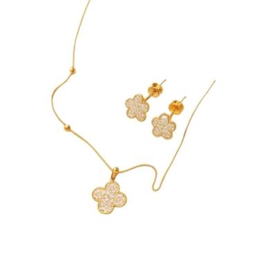 Imagem de Elegante Conjunto de Joias Feminino, Brincos e Colar com Pingente de Flor, Banhado a Ouro 18K, Semi Joia 1 Ano de Garantia