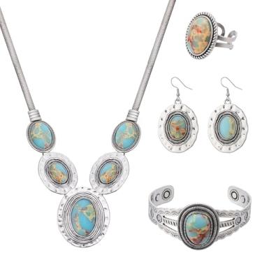 Imagem de JMScape 4 peças de joias turquesa ocidental para mulheres boho vintage navajo colar de pérolas brinco pulseira conjunto de anéis Country Cowgirl acessórios para presente, Large, Metal, Turquesa