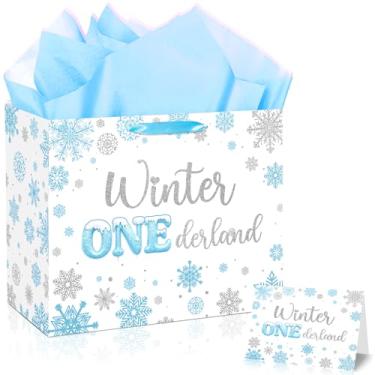 Imagem de JORHANCE Sacos de presente para meninos de primeiro aniversário do país das maravilhas de inverno - Saco de presente grande com papel de seda e cartão de aniversário para suprimentos de festa Blue