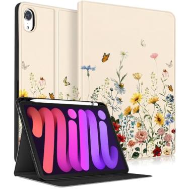 Imagem de Wazzasoft for iPad A17 Pro (Mini7) Case 2024/Mini 6 Case 2021 8.3 Inch - Smart Folio Cover (Auto Wake/Sleep) with Build-in Pencil Holder for Apple Tablet Cover for Women Girls,Vint Flower