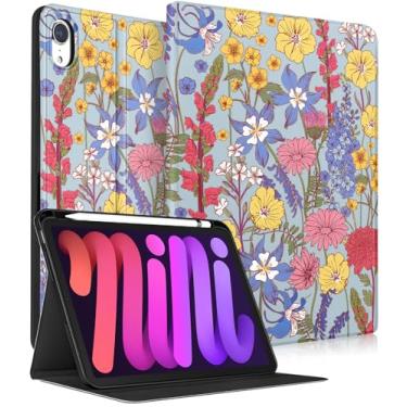 Imagem de Wazzasoft for iPad A17 Pro (Mini7) Case 2024/Mini 6 Case 2021 8.3 Inch - Smart Folio Cover (Auto Wake/Sleep) with Build-in Pencil Holder for Apple Tablet Cover for Women Girls,Purple Floral