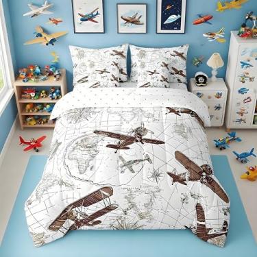 Imagem de Feelyou Conjunto de edredom de aeronave 3D, 7 peças, estampa de avião, mapa de voo, rota aérea, conjunto de cama king, marrom, com edredom, lençol e fronhas