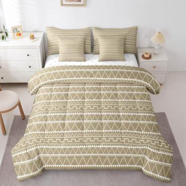 Imagem de Erosebridal Conjunto de cama casal, estilo ocidental, asteca, boêmio, asteca, para adultos, crianças, tribal, étnico, triangular, boêmio, abstrato, geométrico, verde-oliva bege