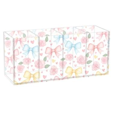 Imagem de Burbuja Porta-canetas de acrílico Bows Roses, 4 compartimentos, suporte de lápis transparente para pincéis de maquiagem fixos, acessórios de mesa de escritório em casa