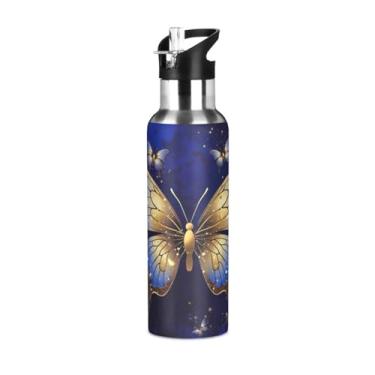 Imagem de Burbuja Garrafa de água de aço inoxidável Gold Butterfly, garrafas de água isoladas a vácuo com tampa de canudo para esportes, academia, escola - à prova de vazamento e suor, sem BPA, 590 ml