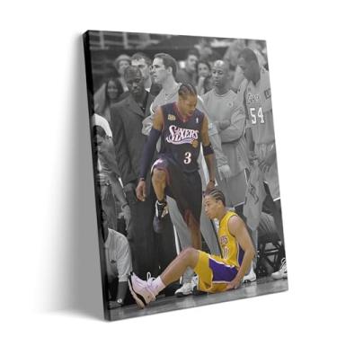 Imagem de NBA Canvas Wall Art Decor - Allen Iverson Step Over Tyronn Lue Iconic Moment, pôster de basquete 76ers vs Lakers, arte esportiva preta e branca para decoração de parede de casa ou sala de jogos 20 x
