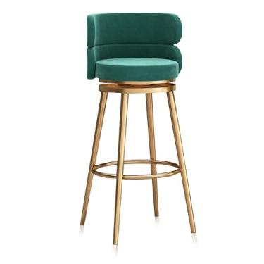 Imagem de Conjunto de bancos de bar estofados de veludo de 1,65 cm, banquetas giratórias com apoio para os pés e pernas de metal dourado, bancos de jantar estofados de café da manhã com encosto alto, verde