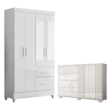 Imagem de Guarda Roupa Solteiro Madri Com Espelho E Cômoda Texas Branco Brilho -