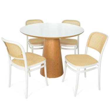 Imagem de Conjunto Mesa de Jantar Redonda Quiara 4 Lugares Tampo de Vidro com Cadeiras Roma Branco 100cm Magazine Decor