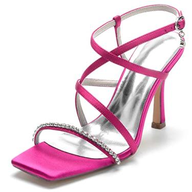 Imagem de Sandálias femininas de salto alto cetim tira corporal strass quadrado pingente aberto salto verão sapatos, rosa, 10