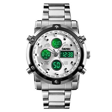 Imagem de Relógio digital analógico para homens, relógio masculino com alarme de exibição dupla, cronômetro de contagem regressiva, luz de fundo de LED, relógio de pulso Quatz para homens, Prata