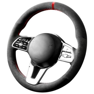 Imagem de Alfanxi Capa para volante de carro Alcantara de costura à mão para Mercedes-Benz AMG CLA 35/GLE 43 /G-Class G 550 (Alcantara preta com pontos + faixa vermelha)