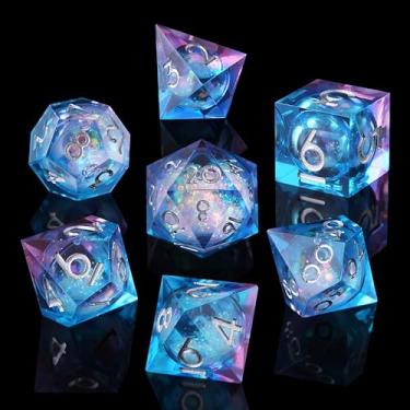 Imagem de YEMEKO Handmade Liquid Core DND Dice Set Quicksand Ball, 7 Accessories Dice for Dungeons and Dragons, Polyhedral Resin Sharp Edge Dice Roleplaying （Liquid Ocean Blue Purple）