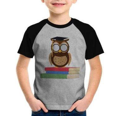 Imagem de Camiseta Raglan Infantil Coruja Estudante - Foca na Moda, Cinza, Preto