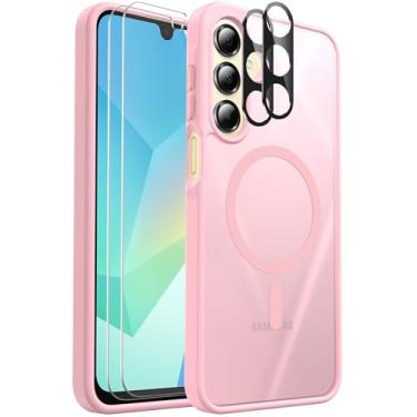 Imagem de Ezanmull Capa para celular Samsung Galaxy A16 5G magnética à prova de choque, [apto para MagSafe] [Protetor de tela de vidro + protetor de lente da câmera] Translúcido Antiimpressão digital (rosa)