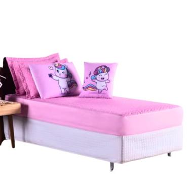Imagem de Colcha Cobre Leito Jogo Roupa Cama Infantil Solteiro 5 Peças Fronha Matelado Quarto Criança Simples Menina Unicornio Rosa