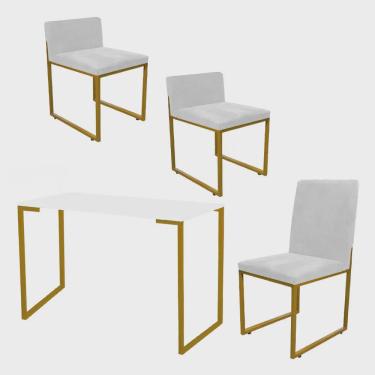 Imagem de Kit Mesa Escrivaninha com Cadeira Stan e 2 Poltronas Lee Tampo Branco Ferro Dourado Tecido Sintético Branco - Ahz Móveis