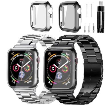 Imagem de REASDEN Compatível com Apple Watch Band Iwatch Ultra Series 8/7/6/5/4/3/2/1/SE, 38/40/41/42/44/45/49mm, pulseira masculina feminina de metal de aço inoxidável sólido (49 mm, preto e prata)