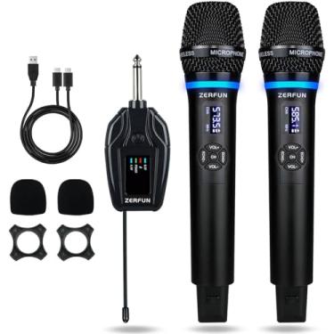 Imagem de ZERFUN Microfones duplos sem fio recarregáveis, sistema de microfone sem fio de metal UHF profissional com controle de canal Echo VOL para eventos de igreja de canto de karaokê