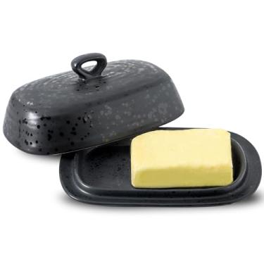 Imagem de Hasense Manteigueira de Porcelana Hansense com Tampa para Bancada, Porta-Manteiga de Cerâmica com Tampa de Alça, Recipiente para Manteiga Perfeito para Manteiga Da Costa Leste e Oe7,1 Polegadas,Escuro