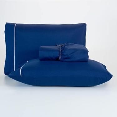 Imagem de Jogo de Lençol para Cama Box, 3 Peças, Percal 400 Fios, Ponto Palito, Toque Macio, Tamanhos Solteiro, Casal, Queen, King (AZUL, KING)